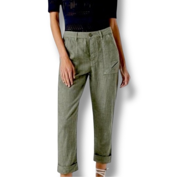 Frame Denim Pants - Frame Le Beau 100% Linen Military Green Cropped Pants Button Fly